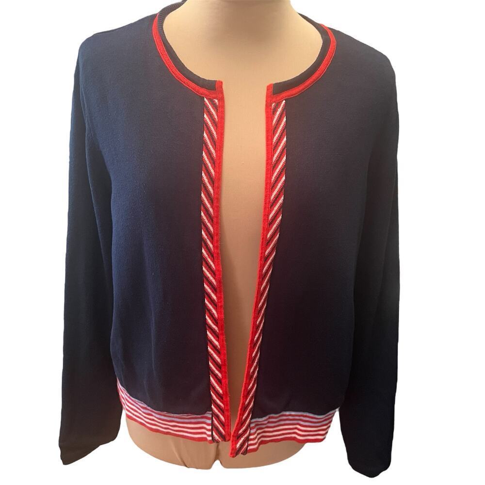 Cabi Sz M 5640 Faye Reversible Deadline Cardigan Open Front Red Navy Blue Career